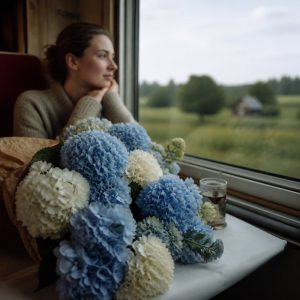 Букеты с гортензиями — голубая Macrophylla и белые пионовидные розы