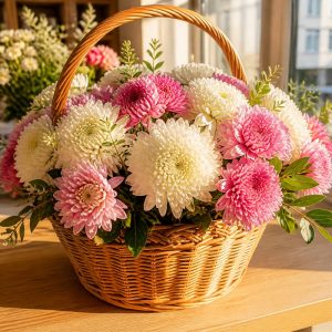 Цветы в корзинке с хризантемами — кустовые и одноголовые сорта в плетёной корзине