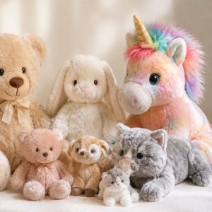 Виды мягких игрушек к букету — плюшевый мишка, заяц, единорог и котик разных размеров