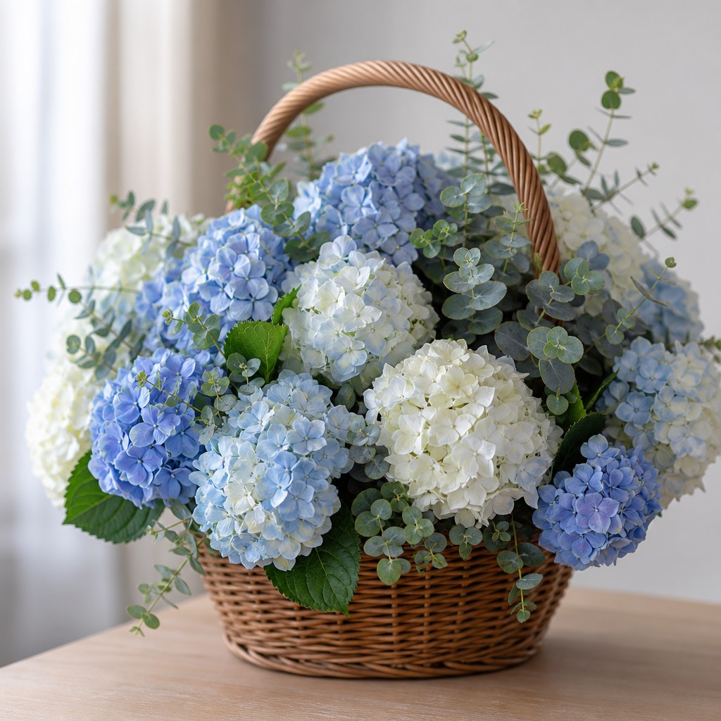 Цветы в корзинке с гортензиями — белые и голубые с эвкалиптом, доставка